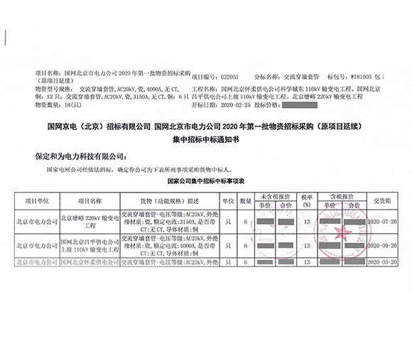 國網(wǎng)北京市電力公司高壓穿墻套管中標(biāo)項(xiàng)目